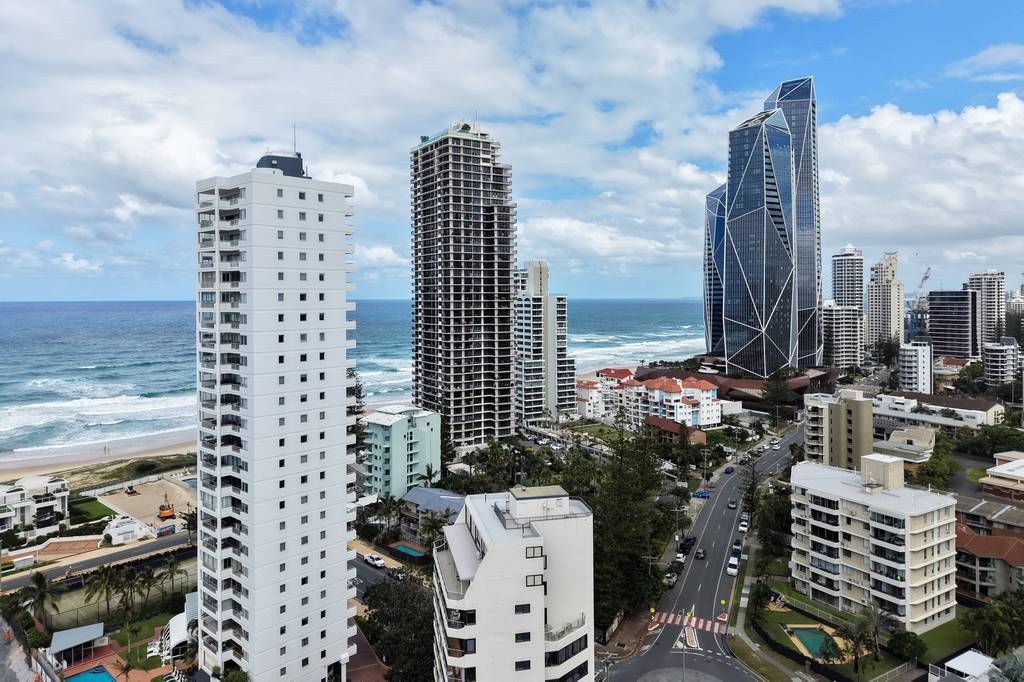 Aerial view of Marriner Views and the Surfers Paradise coast running north toward Southport